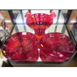 Three Whitefriars glass ribbon trail bowls in red, 27cm, 28cm, and 29cm diameter