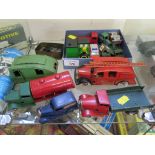 Triang Minic: green and red Long-Bonnet Tanker, green caravan, Fire Engine, red and green Delivery