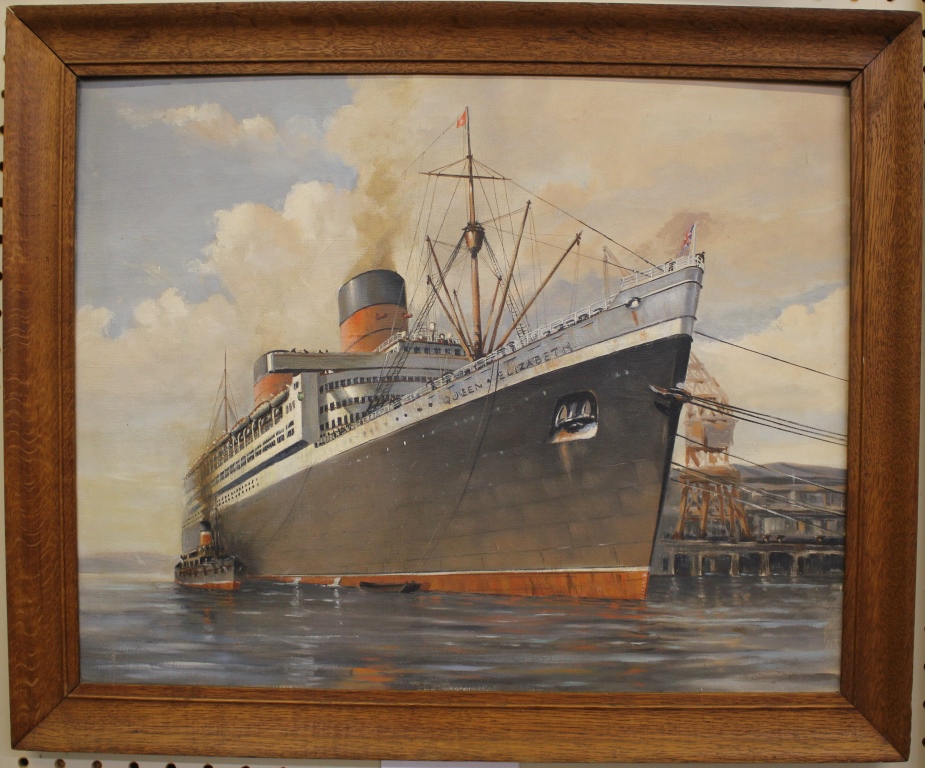 20th Century English School Queen Elizabeth Liner in dock, oil on canvas, oak frame 59cm x 49cm