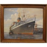 20th Century English School Queen Elizabeth Liner in dock, oil on canvas, oak frame 59cm x 49cm