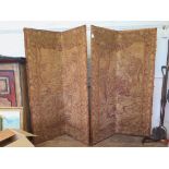 A pair of single fold screens, each with machine made tapestry depicting a maid and musician in