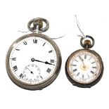 A ladies silver fob watch and a gentleman's silver pocket watch (both need attention)