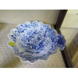 A Dresden opaque china earthenware shell shaped desert dish with moulded rose and blue and white