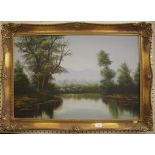 Baxter Tranquil river landscape signed oil on canvas, 49cm 75cm
