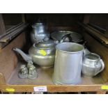 A Hampden pewter four piece tea service, other pewter wares, a glass oil lamp shade, coral,