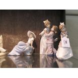 Two Lladro figures, Bashful Bather 12cm high and a goose model, and six other Nao figures