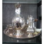 A collection of silver plate to include chocolate pots, water jug, tray, etc