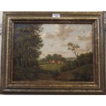 Early 19th century English School Seated figure in front of a farmhouse Oil on canvas 29cm x 40cm