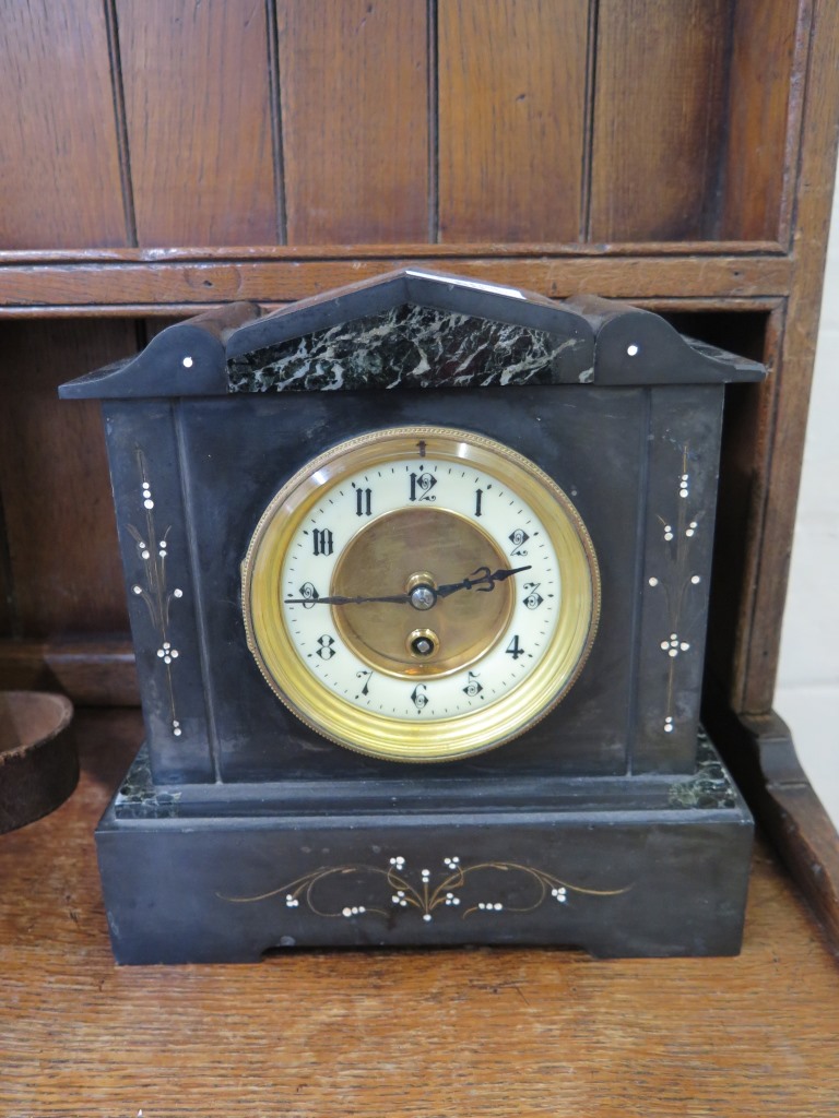 A surveyors level by E.R. Watts & Son no 17866, cased, a hydrometer and a slate mantel clock *To - Image 2 of 2