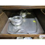 A pewter two handle tray, and a Mylady pewter milk jug and sugar bowl