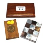 Two wooden boxes and a mother of pearl and metal box