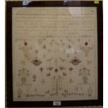 A Victorian woolwork sampler, depicting verse, birds and vases of flowers, Eliza Stone 1872 aged 9