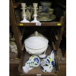 A Spode floral coffee cup and saucer and two plates, KLM Bols cottages, a pair of candlesticks, blue