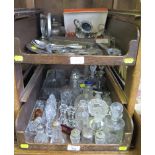 Various glass bottles with stoppers, other stoppers, knife rest, salts, etc, and various plated