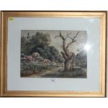 Unsigned watercolour depicting a countryside path with a woman and an old oak tree, 25.5cm x 35.5cm