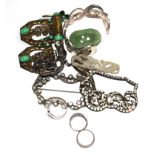 Two small jade carvings, three silver rings, Art Deco belt buckle, silver gecko