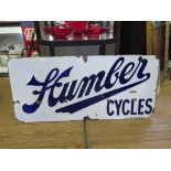 An enamel sign for Humber Cycles manufactured by Wildman & Meguyer Ltd, Birmingham 58cm x 127cm