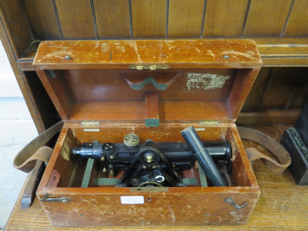 A surveyors level by E.R. Watts & Son no 17866, cased, a hydrometer and a slate mantel clock *To