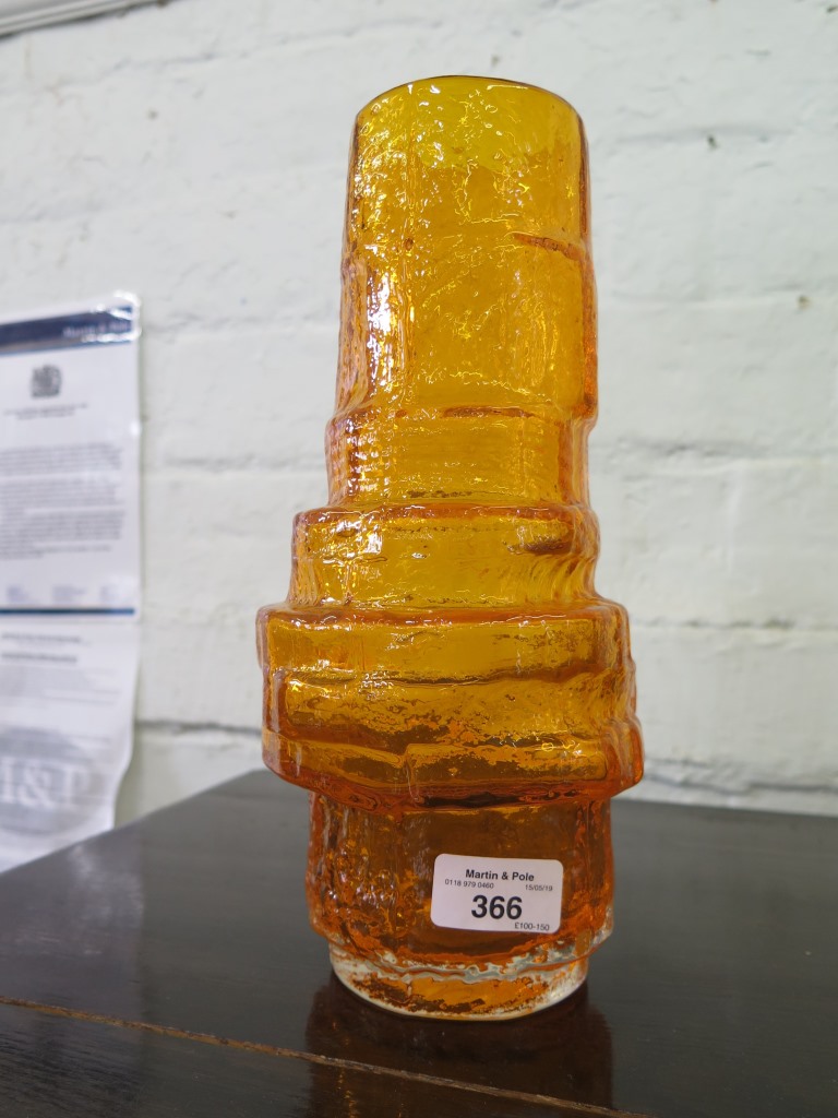 A Whitefriars Glass hooped vase, in tangerine, designed by Geoffrey Baxter, 28cm high