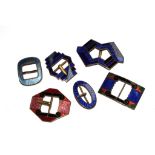 Six Art Deco enamel buckles