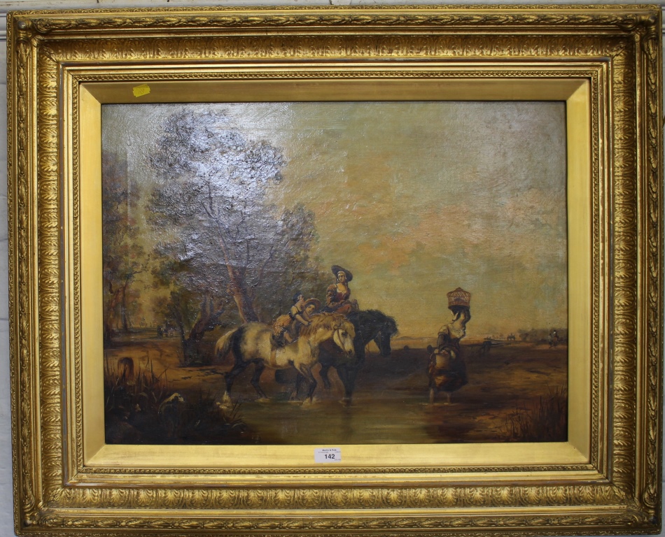 A.W. - 19th century Ladies on horseback crossing a ford oil on canvas, initialled 50cm x 68cm