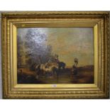 A.W. - 19th century Ladies on horseback crossing a ford oil on canvas, initialled 50cm x 68cm