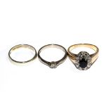 Two 14 carat white gold rings, one set with small diamond, and another (3)