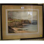 J. Wilson Hartley Point, North East Coast Watercolour, monogrammed and dated 1939 Labels reverse