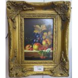 Warren Lear Still life of fruits in a basket Oil on panel 16.5cm x 11.5cm