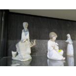 Lladro and Nao figures, including girl feeding a lamb, lady watching a bird (lacks bird) and other