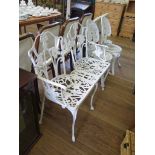 A white painted metal two seat garden bench and two single chairs (3)