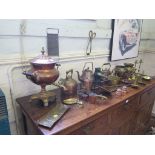 A copper Samovar, two Arts and Crafts style brass pin trays, various kitchenalia, candlesticks and