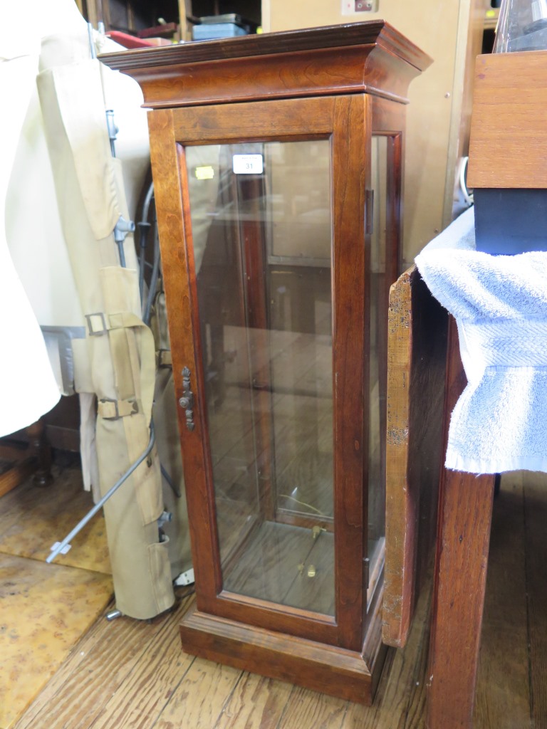 A stained beech glazed display cabinet, with single door and glazed sides 35cm square 93cm high