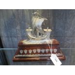 A trophy in the form of a silver galleon fixed to a wooden base, Birmingham 1933, Maker V&S