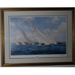 J. Stevens Dews Yacht racing along a coastline Signed in pencil Chelsea Green Editions print