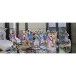 A seven piece Meissen monkey band including harpist, flutist and violinist, 14cm high, all as