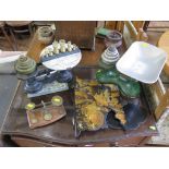 A set of cheese scales and weights, a set of kitchen scales, postal scale and a Japanese papier-