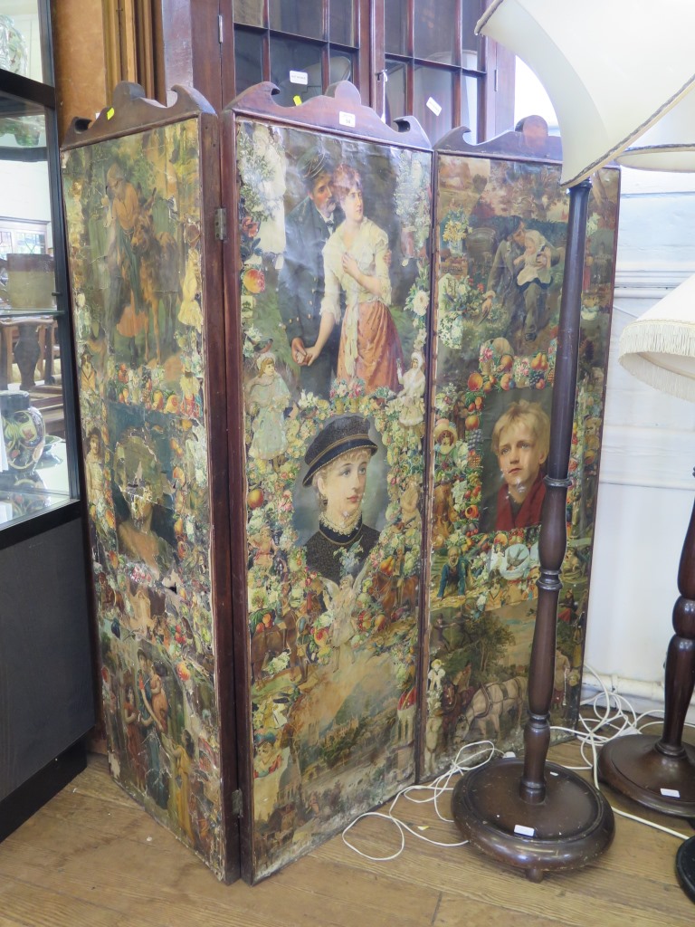 A late Victorian three fold ephemera screen, each panel 153cm x 49cm