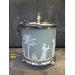 A Wedgwood Jasperware biscuit barrel, with EP metal mounts, cylindrical depicting Classical