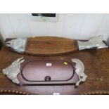 A set of four French mahogany and metal mounted serving plates for salmon, beef, chicken and pork (