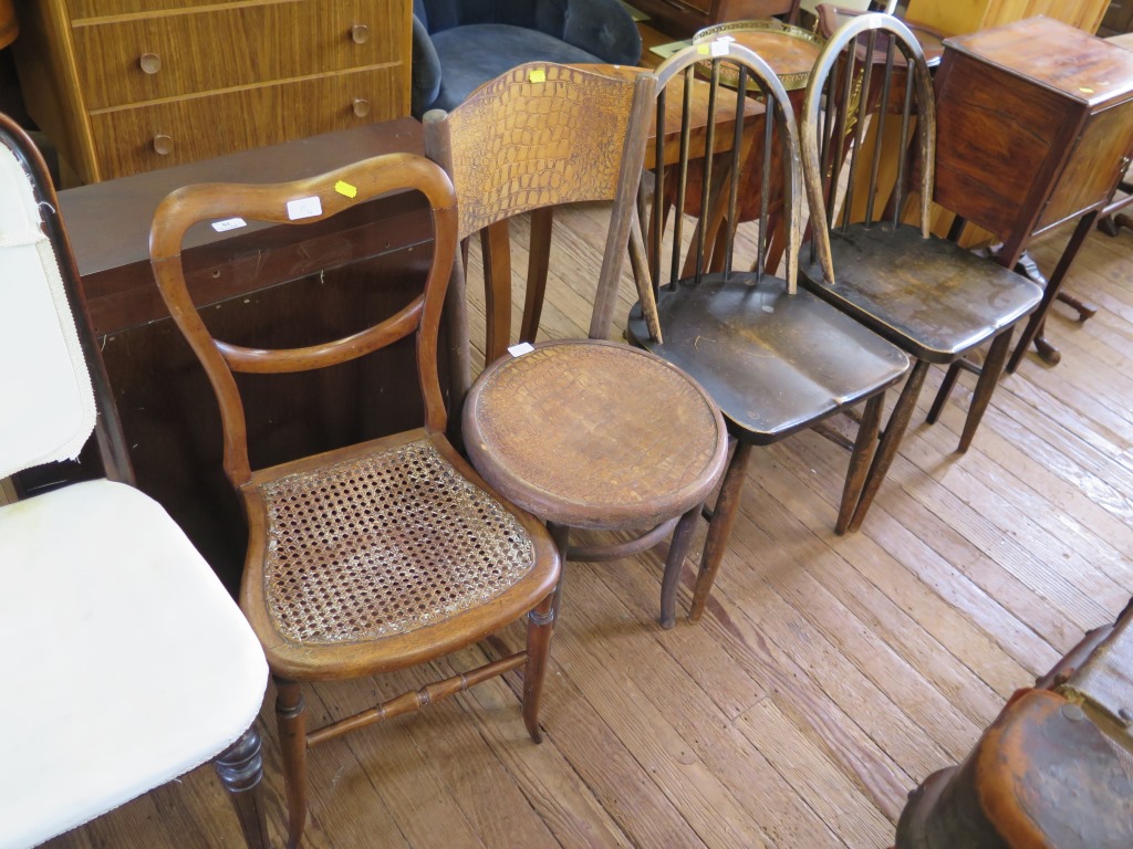 A bentwood chair, a Victorian bedroom chair and two Windsor style kitchen chairs (4)