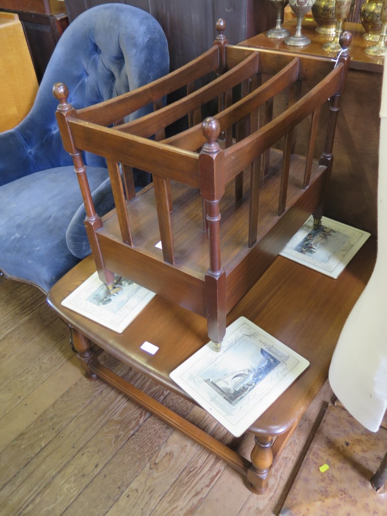 An Ercol dark oak square coffee table, 75cm wide; a pine open bookcase, 58cm wide and a mahogany