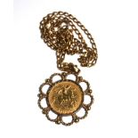 A half sovereign 1911 in gold mount on 9 carat gold neck chain