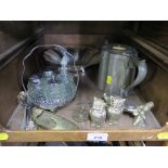 A Britannia metal teapot, a salt and pepper set in the form of owls, a cruet set and other metal