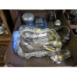 Two trays of silver plate to include large collection of plated cutlery, a swing handle basket, etc