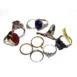 A collection of 10 gem set silver rings