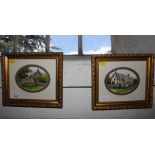 Louise Southan Thatched cottages in the countryside - pair miniature oval watercolours signed and