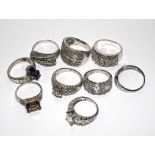 A collection of nine gem set silver rings