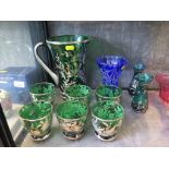 A Victorian green glass and silver lustre lemonade set, a blue overlay glass vase and various