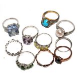 A collection of 10 gem set silver rings